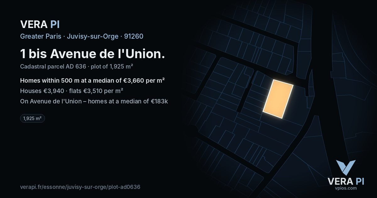 1 bis Avenue de l'Union, Juvisy-sur-Orge at night – the plot lit, the parcels around coloured by the prices near them