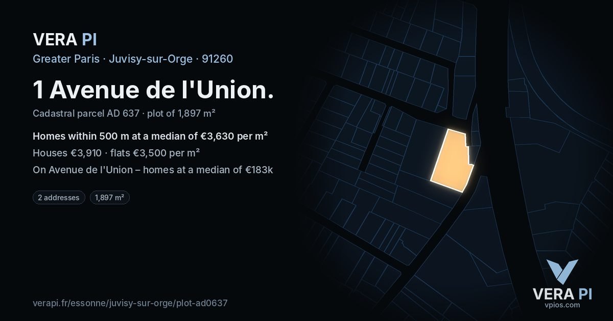 1 Avenue de l'Union, Juvisy-sur-Orge at night – the plot lit, the parcels around coloured by the prices near them