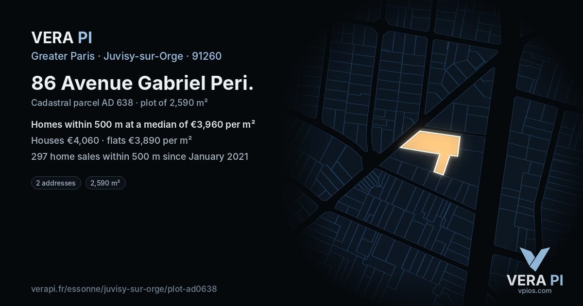 86 Avenue Gabriel Peri, Juvisy-sur-Orge at night – the plot lit, the parcels around coloured by the prices near them