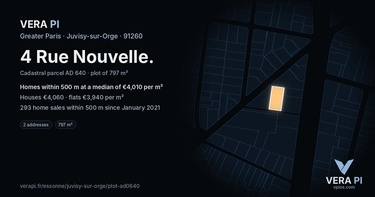 4 Rue Nouvelle, Juvisy-sur-Orge at night – the plot lit, the parcels around coloured by the prices near them