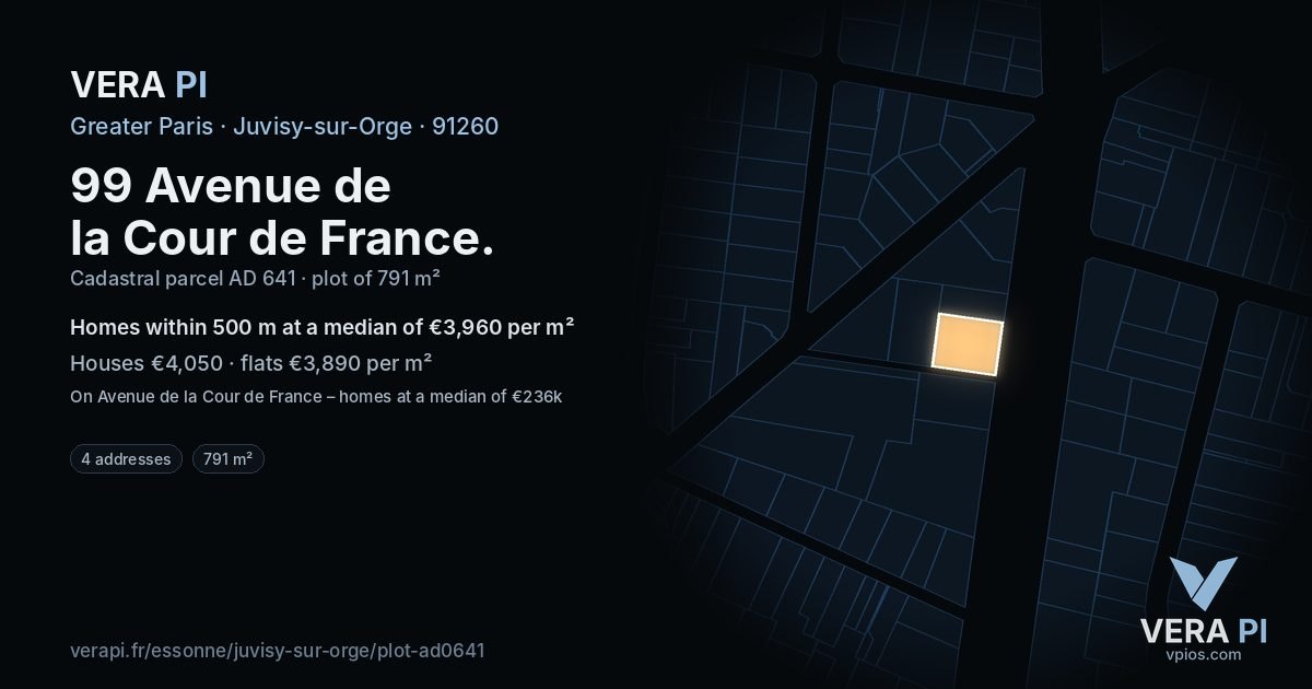 99 Avenue de la Cour de France, Juvisy-sur-Orge at night – the plot lit, the parcels around coloured by the prices near them