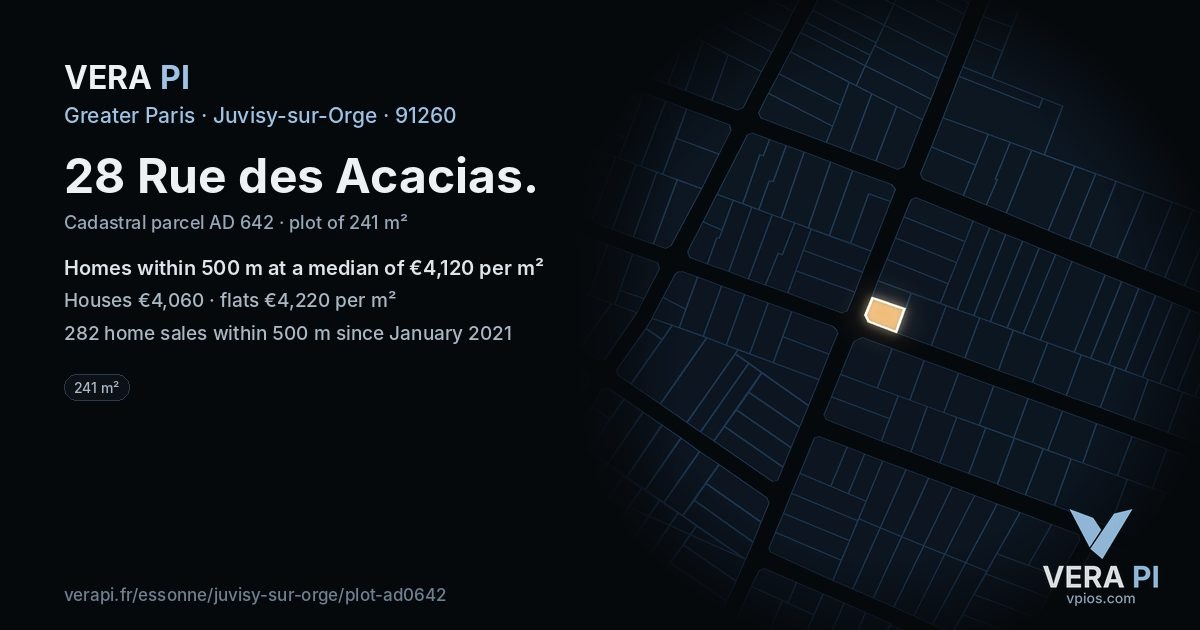 28 Rue des Acacias, Juvisy-sur-Orge at night – the plot lit, the parcels around coloured by the prices near them