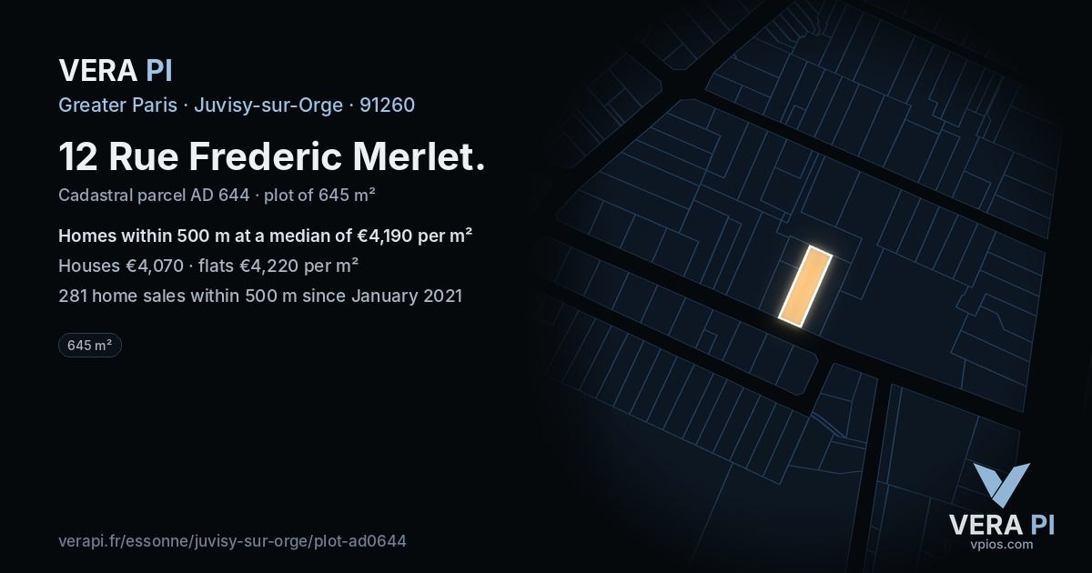 12 Rue Frederic Merlet, Juvisy-sur-Orge at night – the plot lit, the parcels around coloured by the prices near them