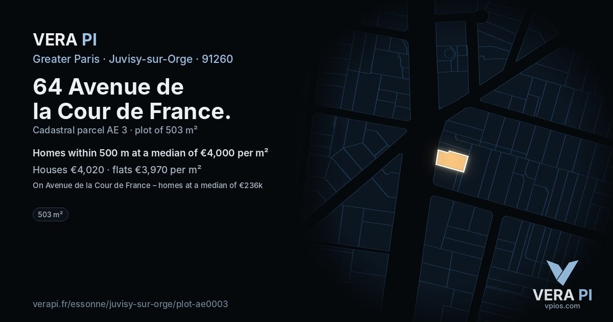 64 Avenue de la Cour de France, Juvisy-sur-Orge at night – the plot lit, the parcels around coloured by the prices near them