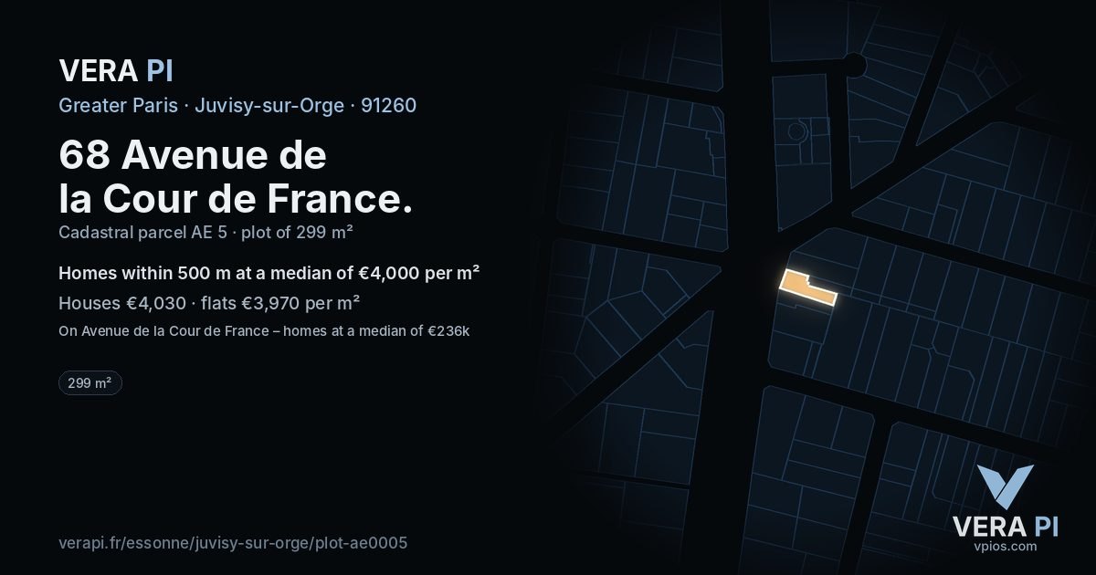 68 Avenue de la Cour de France, Juvisy-sur-Orge at night – the plot lit, the parcels around coloured by the prices near them