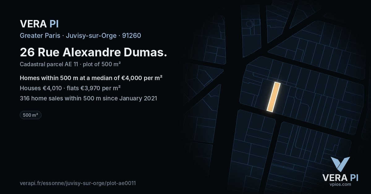 26 Rue Alexandre Dumas, Juvisy-sur-Orge at night – the plot lit, the parcels around coloured by the prices near them