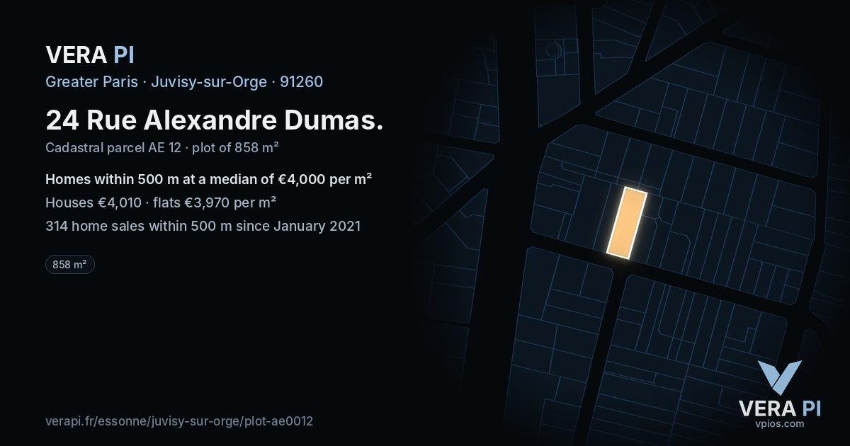 24 Rue Alexandre Dumas, Juvisy-sur-Orge at night – the plot lit, the parcels around coloured by the prices near them