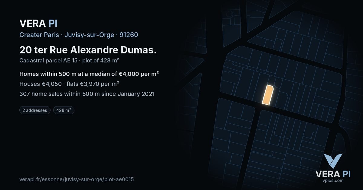 20 ter Rue Alexandre Dumas, Juvisy-sur-Orge at night – the plot lit, the parcels around coloured by the prices near them