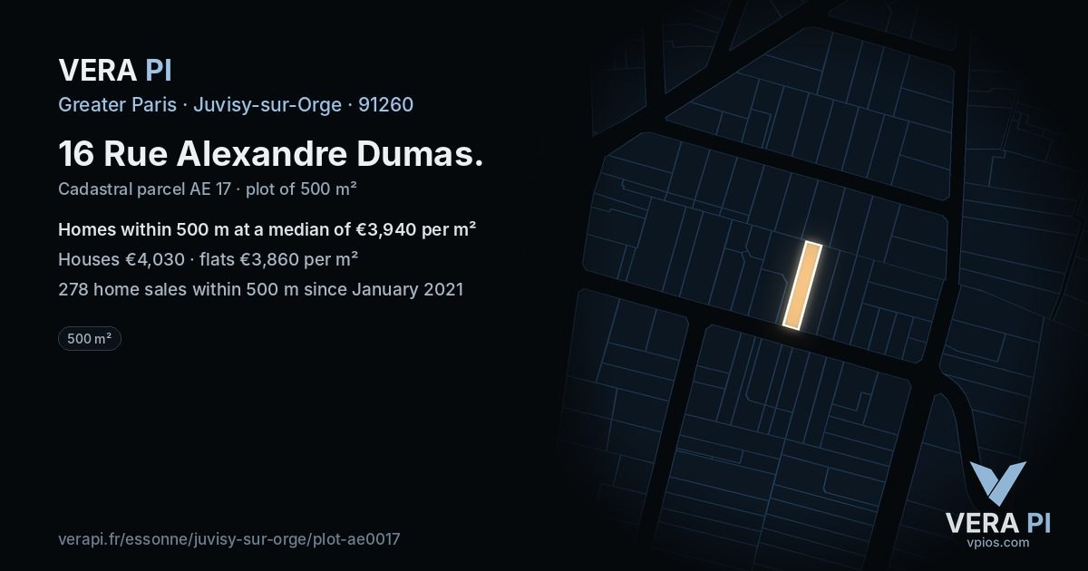 16 Rue Alexandre Dumas, Juvisy-sur-Orge at night – the plot lit, the parcels around coloured by the prices near them