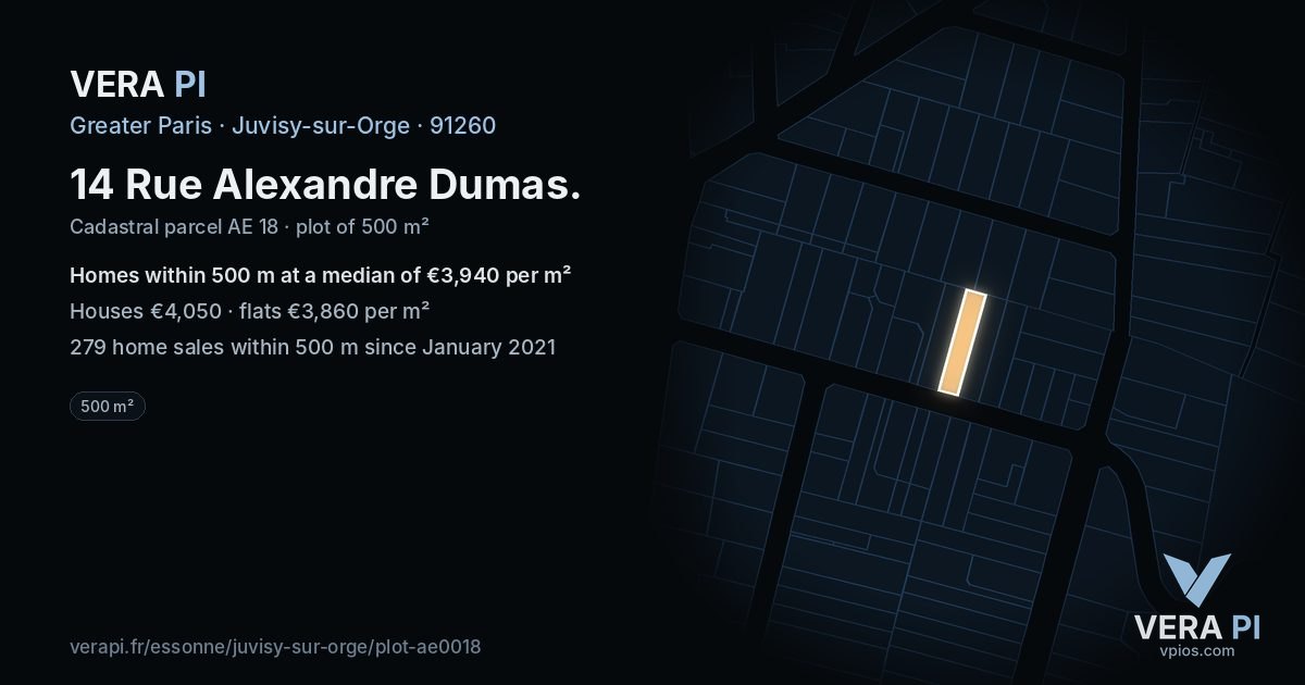 14 Rue Alexandre Dumas, Juvisy-sur-Orge at night – the plot lit, the parcels around coloured by the prices near them