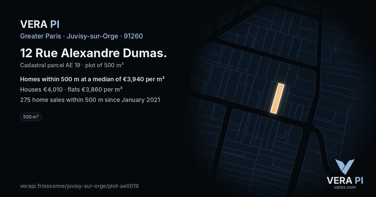 12 Rue Alexandre Dumas, Juvisy-sur-Orge at night – the plot lit, the parcels around coloured by the prices near them