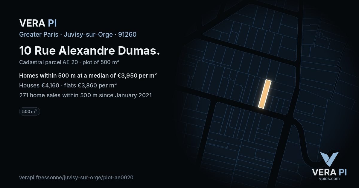 10 Rue Alexandre Dumas, Juvisy-sur-Orge at night – the plot lit, the parcels around coloured by the prices near them
