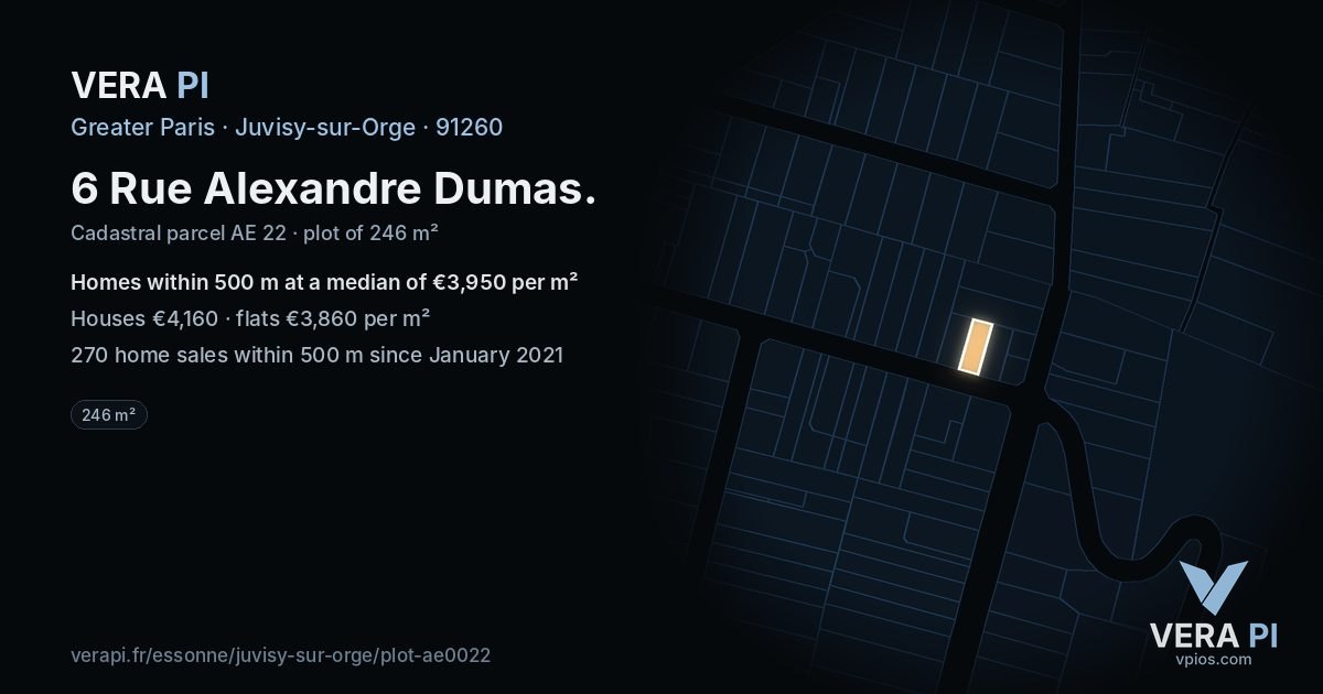 6 Rue Alexandre Dumas, Juvisy-sur-Orge at night – the plot lit, the parcels around coloured by the prices near them