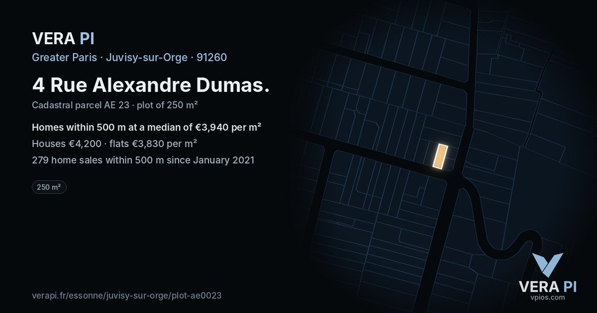 4 Rue Alexandre Dumas, Juvisy-sur-Orge at night – the plot lit, the parcels around coloured by the prices near them