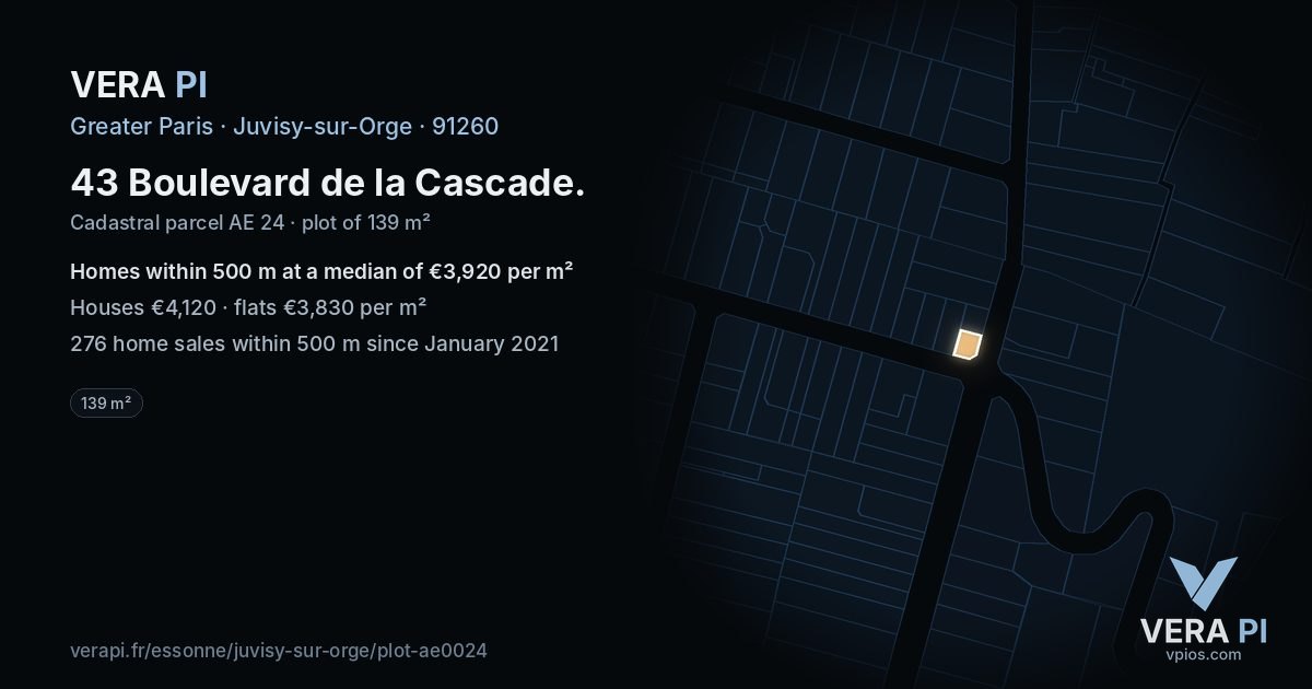 43 Boulevard de la Cascade, Juvisy-sur-Orge at night – the plot lit, the parcels around coloured by the prices near them