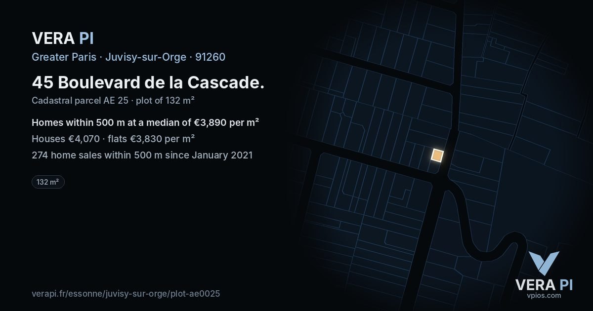 45 Boulevard de la Cascade, Juvisy-sur-Orge at night – the plot lit, the parcels around coloured by the prices near them