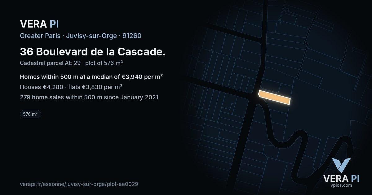 36 Boulevard de la Cascade, Juvisy-sur-Orge at night – the plot lit, the parcels around coloured by the prices near them