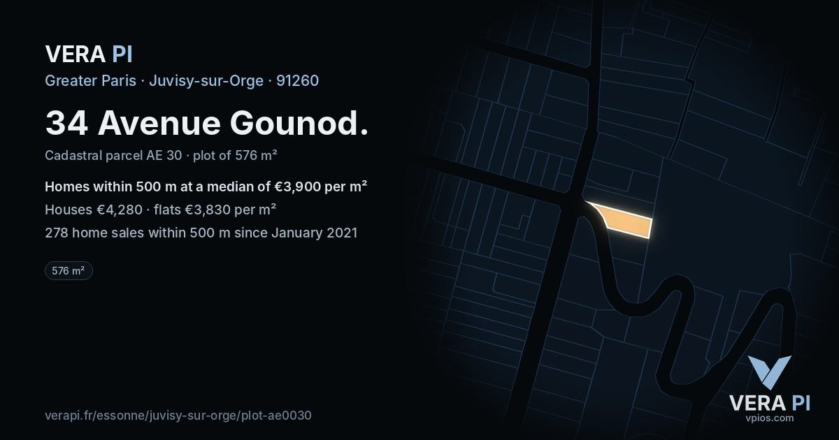 34 Avenue Gounod, Juvisy-sur-Orge at night – the plot lit, the parcels around coloured by the prices near them
