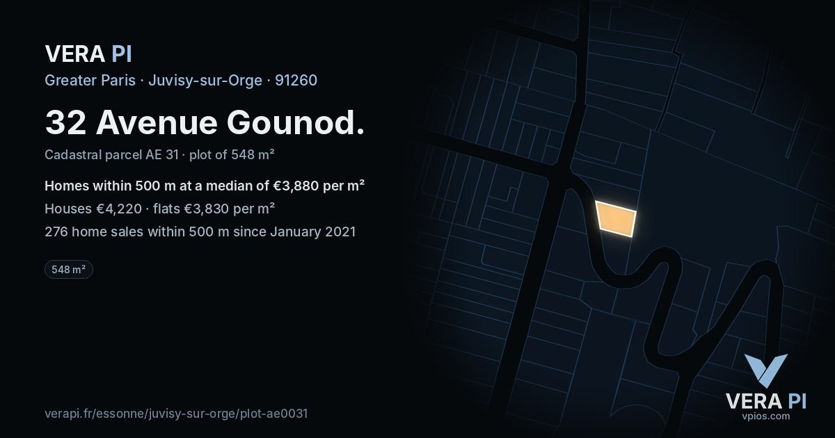 32 Avenue Gounod, Juvisy-sur-Orge at night – the plot lit, the parcels around coloured by the prices near them