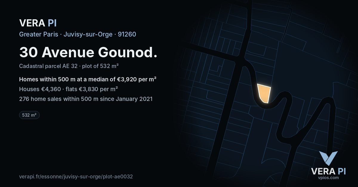 30 Avenue Gounod, Juvisy-sur-Orge at night – the plot lit, the parcels around coloured by the prices near them