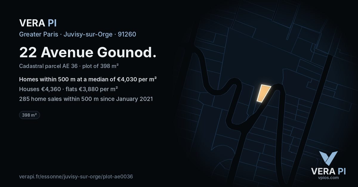 22 Avenue Gounod, Juvisy-sur-Orge at night – the plot lit, the parcels around coloured by the prices near them