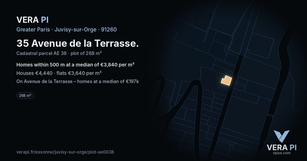 35 Avenue de la Terrasse, Juvisy-sur-Orge at night – the plot lit, the parcels around coloured by the prices near them