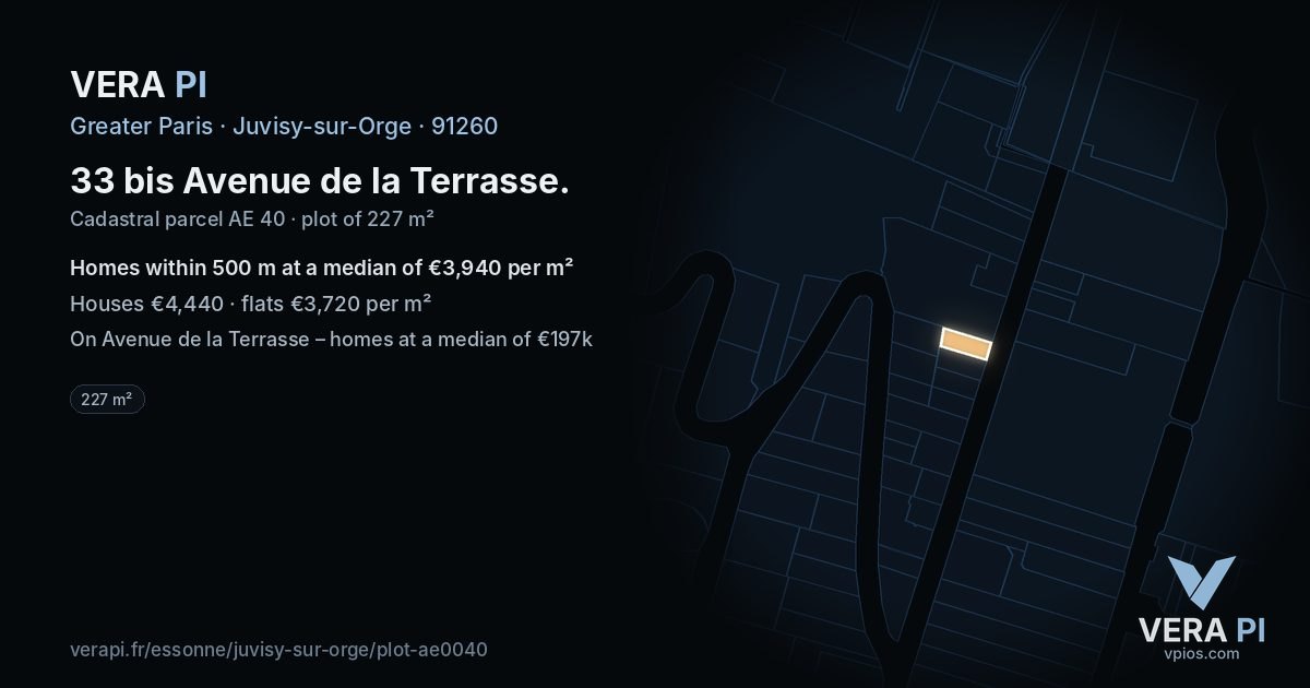 33 bis Avenue de la Terrasse, Juvisy-sur-Orge at night – the plot lit, the parcels around coloured by the prices near them