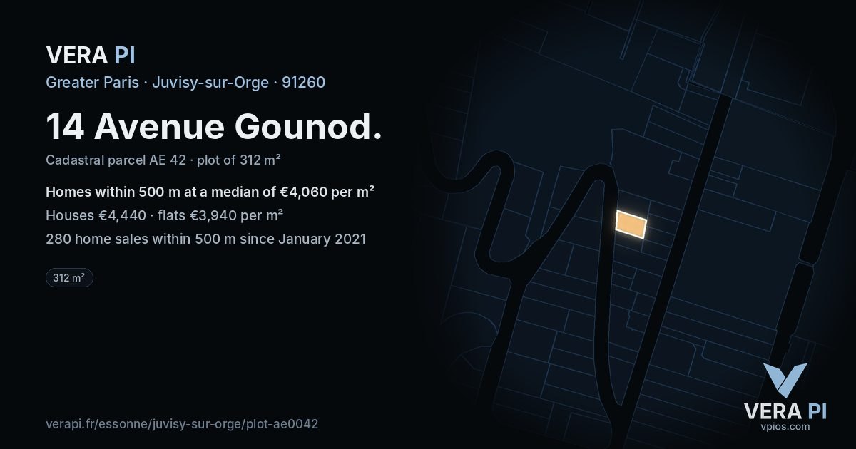 14 Avenue Gounod, Juvisy-sur-Orge at night – the plot lit, the parcels around coloured by the prices near them
