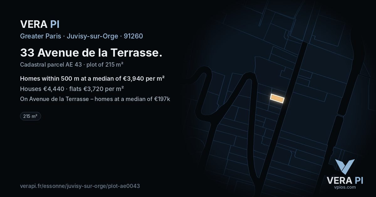 33 Avenue de la Terrasse, Juvisy-sur-Orge at night – the plot lit, the parcels around coloured by the prices near them