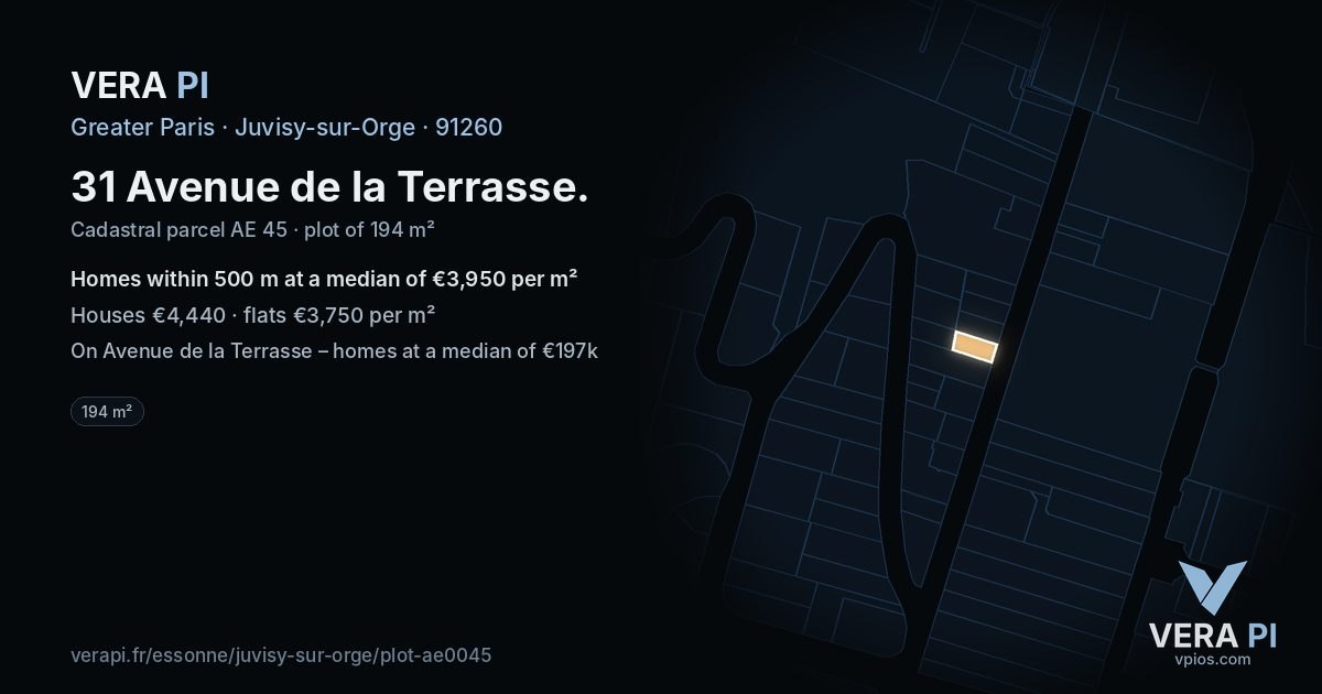 31 Avenue de la Terrasse, Juvisy-sur-Orge at night – the plot lit, the parcels around coloured by the prices near them