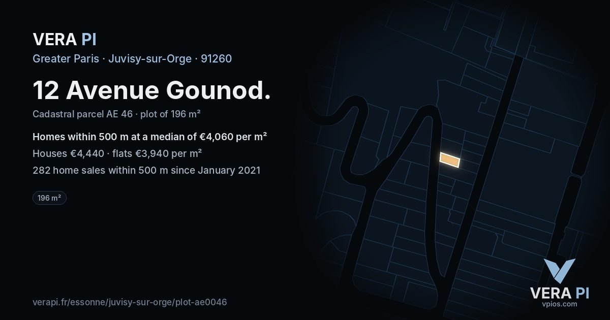 12 Avenue Gounod, Juvisy-sur-Orge at night – the plot lit, the parcels around coloured by the prices near them
