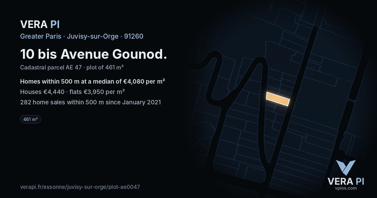 10 bis Avenue Gounod, Juvisy-sur-Orge at night – the plot lit, the parcels around coloured by the prices near them