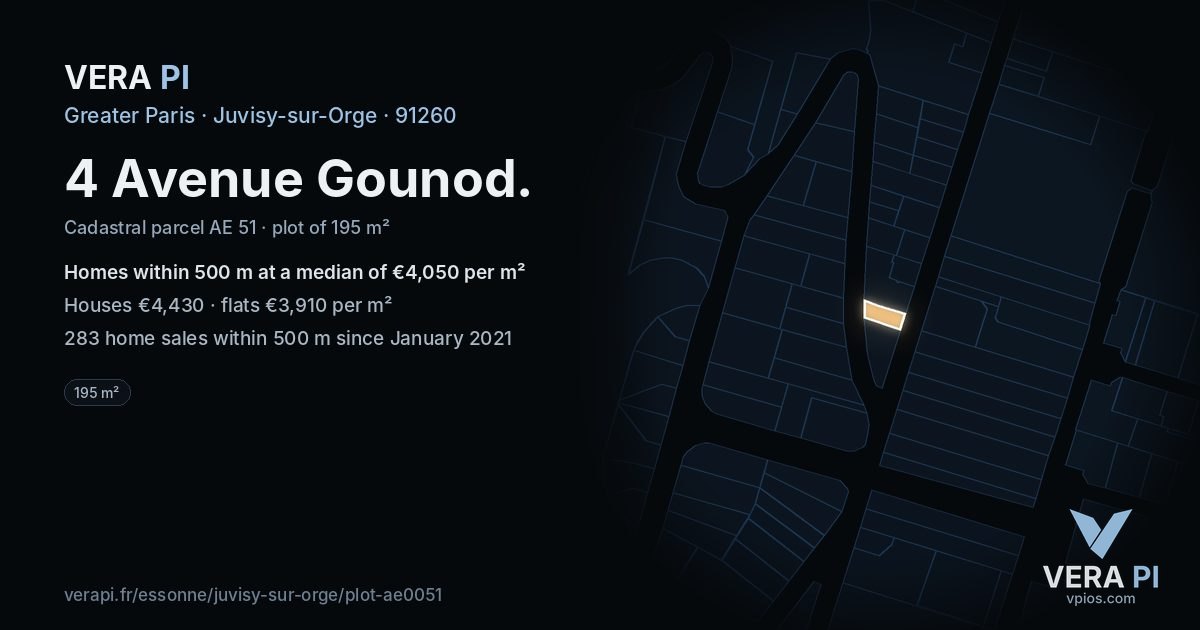 4 Avenue Gounod, Juvisy-sur-Orge at night – the plot lit, the parcels around coloured by the prices near them