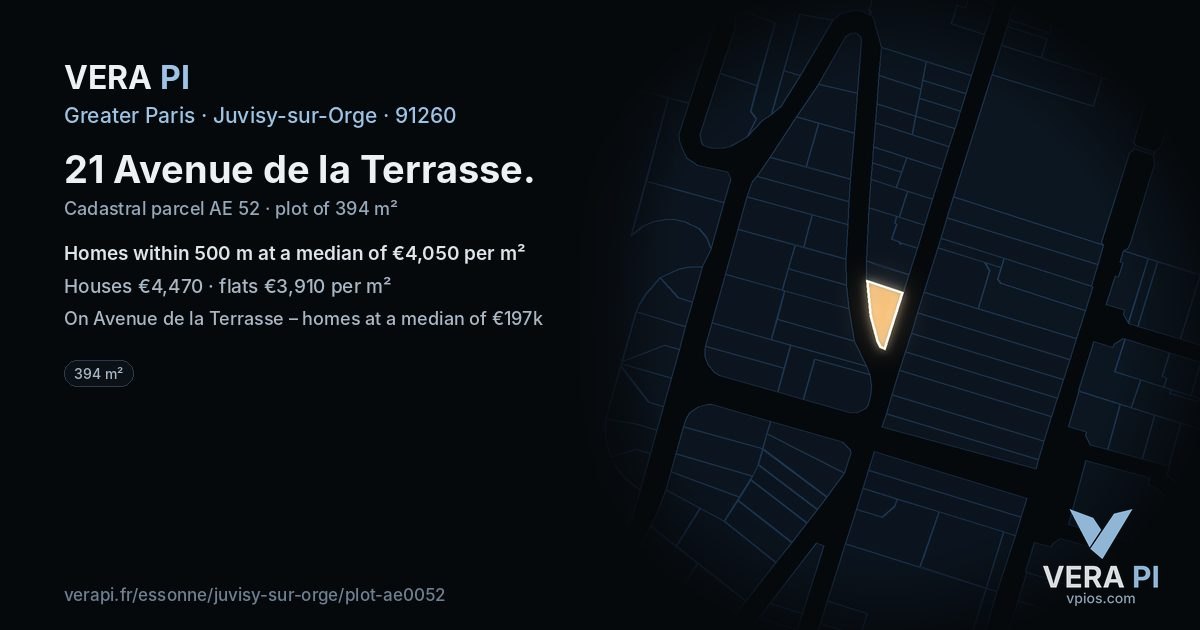 21 Avenue de la Terrasse, Juvisy-sur-Orge at night – the plot lit, the parcels around coloured by the prices near them