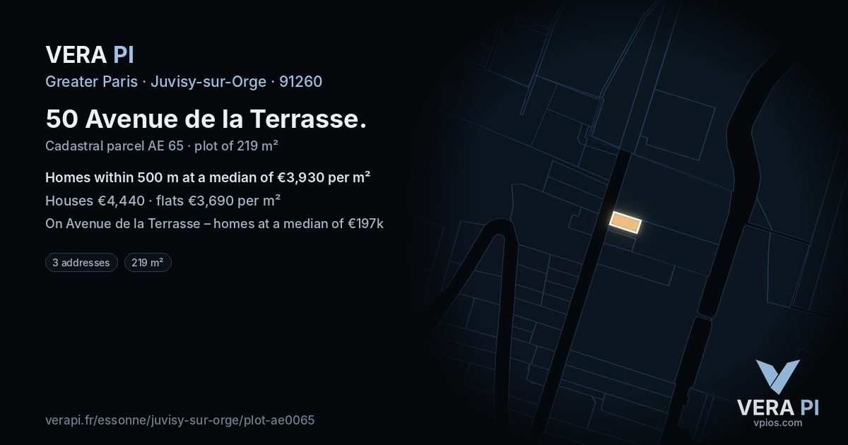 50 Avenue de la Terrasse, Juvisy-sur-Orge at night – the plot lit, the parcels around coloured by the prices near them