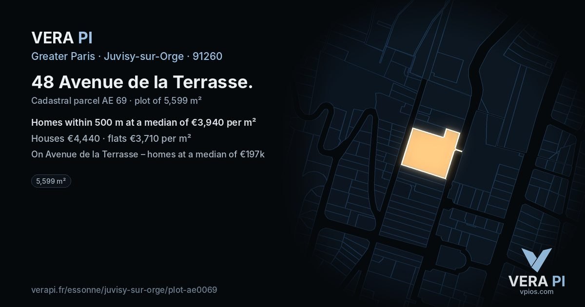 48 Avenue de la Terrasse, Juvisy-sur-Orge at night – the plot lit, the parcels around coloured by the prices near them