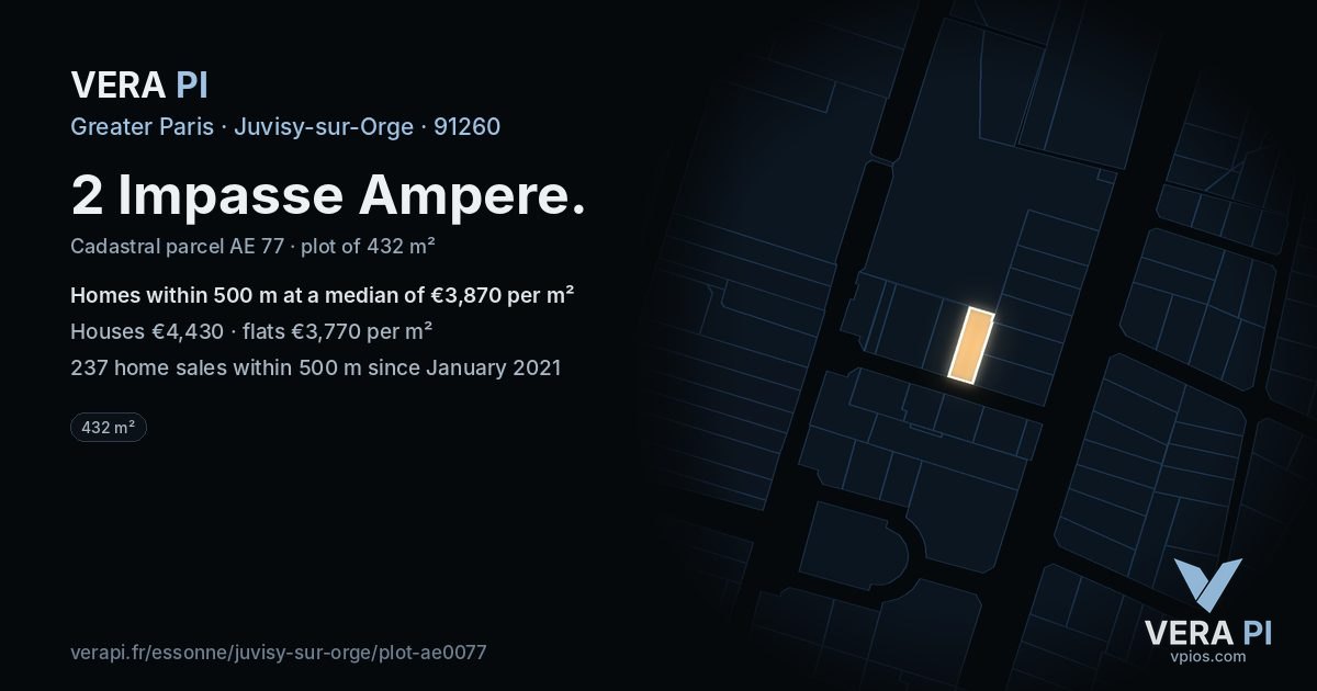 2 Impasse Ampere, Juvisy-sur-Orge at night – the plot lit, the parcels around coloured by the prices near them