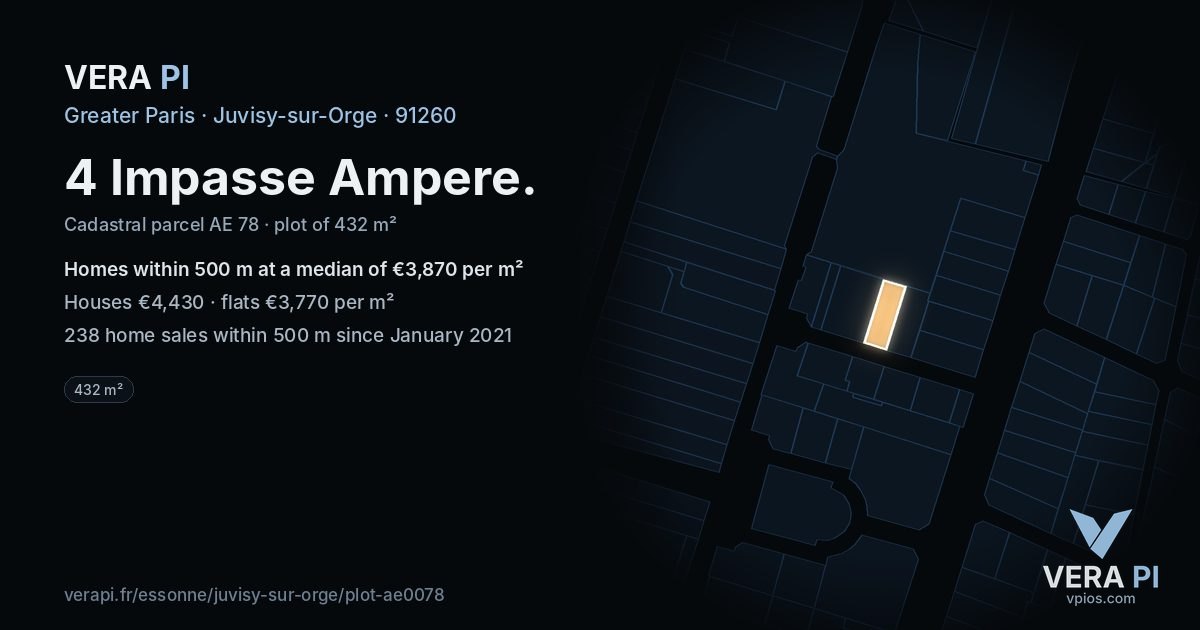4 Impasse Ampere, Juvisy-sur-Orge at night – the plot lit, the parcels around coloured by the prices near them