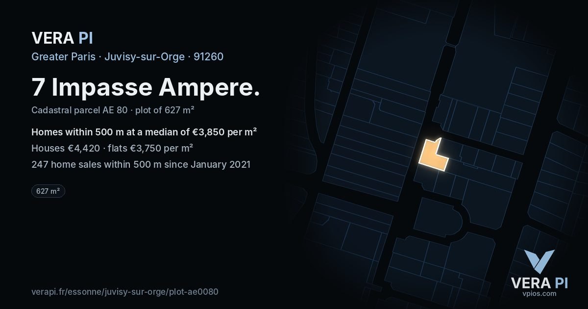 7 Impasse Ampere, Juvisy-sur-Orge at night – the plot lit, the parcels around coloured by the prices near them