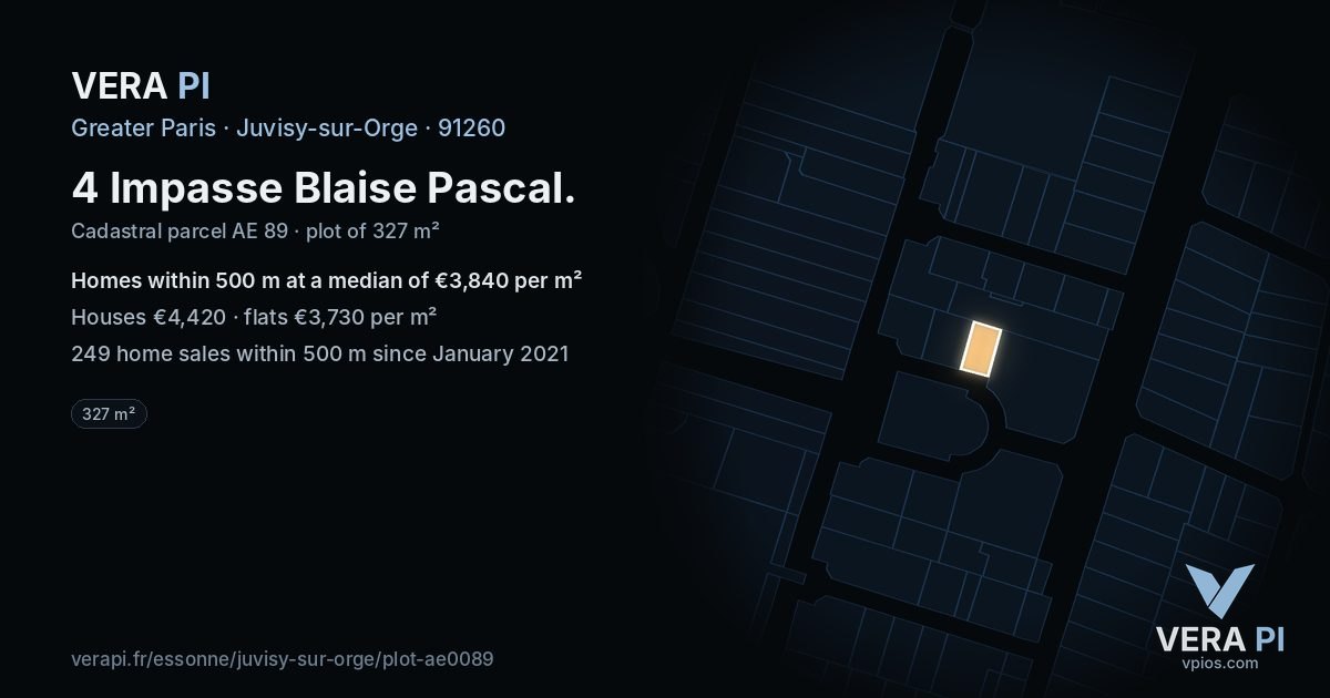 4 Impasse Blaise Pascal, Juvisy-sur-Orge at night – the plot lit, the parcels around coloured by the prices near them