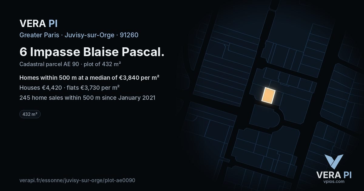 6 Impasse Blaise Pascal, Juvisy-sur-Orge at night – the plot lit, the parcels around coloured by the prices near them