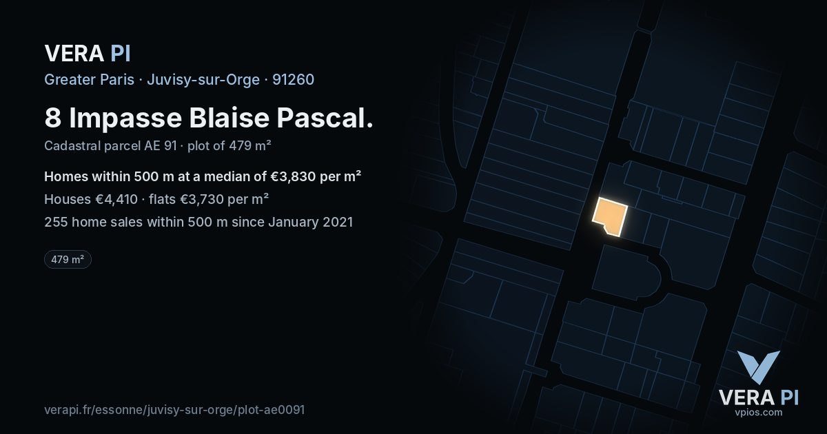 8 Impasse Blaise Pascal, Juvisy-sur-Orge at night – the plot lit, the parcels around coloured by the prices near them