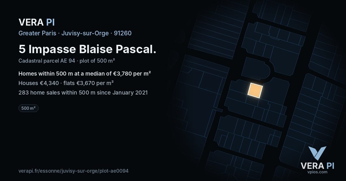 5 Impasse Blaise Pascal, Juvisy-sur-Orge at night – the plot lit, the parcels around coloured by the prices near them