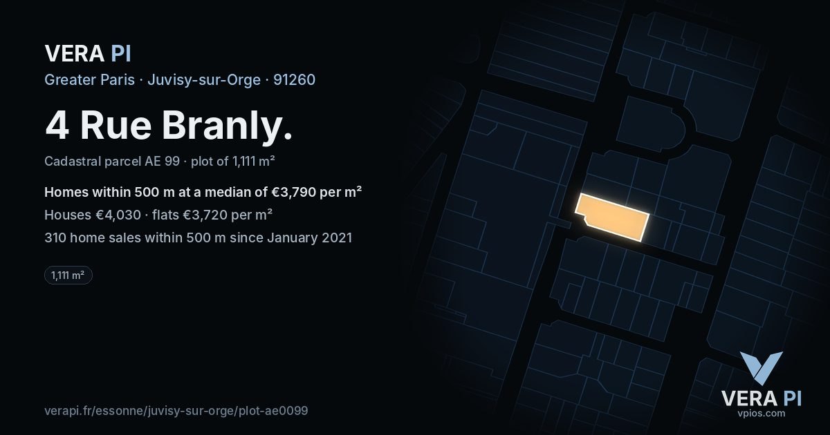 4 Rue Branly, Juvisy-sur-Orge at night – the plot lit, the parcels around coloured by the prices near them