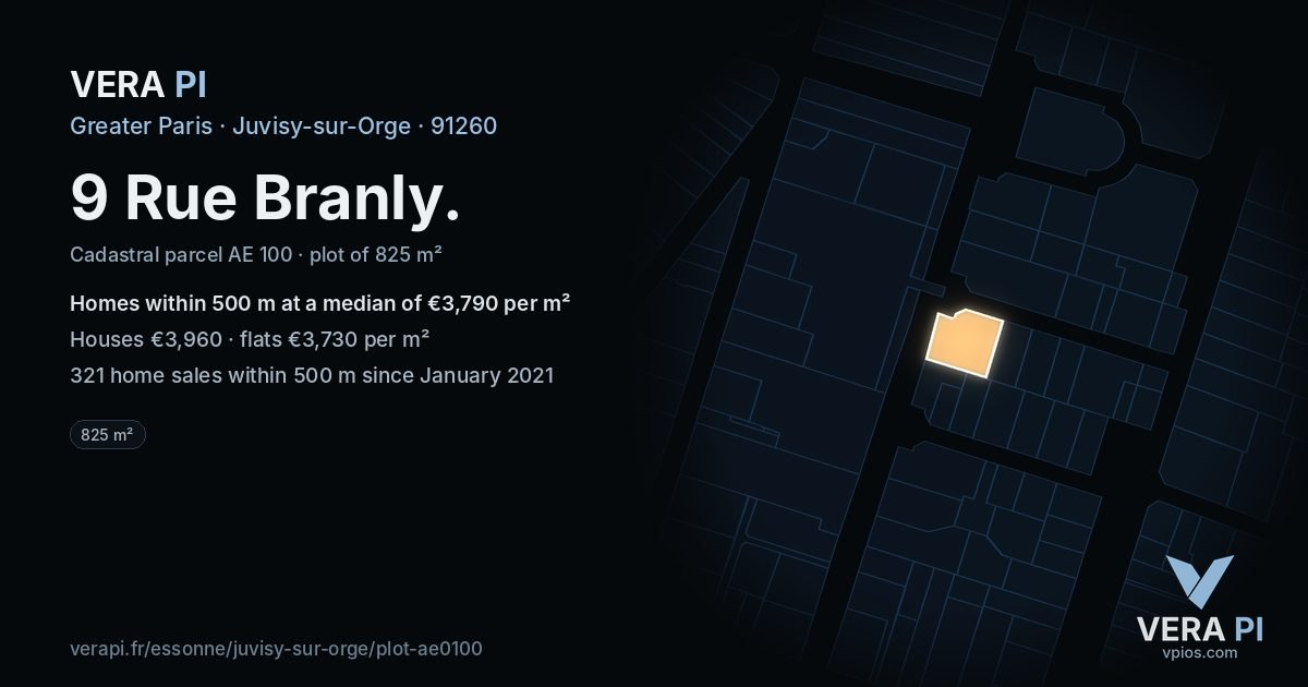 9 Rue Branly, Juvisy-sur-Orge at night – the plot lit, the parcels around coloured by the prices near them