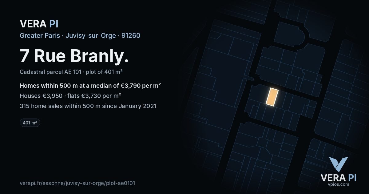 7 Rue Branly, Juvisy-sur-Orge at night – the plot lit, the parcels around coloured by the prices near them