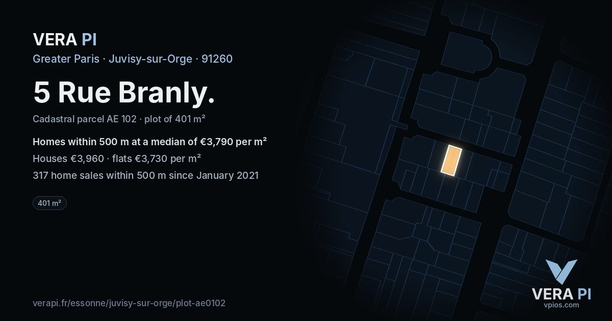 5 Rue Branly, Juvisy-sur-Orge at night – the plot lit, the parcels around coloured by the prices near them
