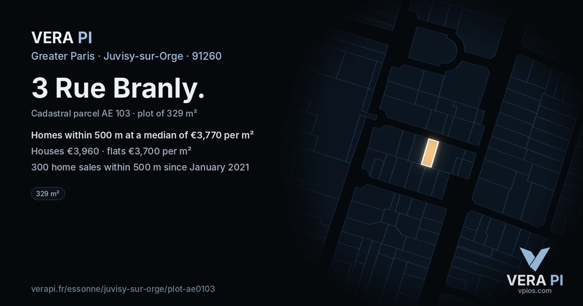 3 Rue Branly, Juvisy-sur-Orge at night – the plot lit, the parcels around coloured by the prices near them
