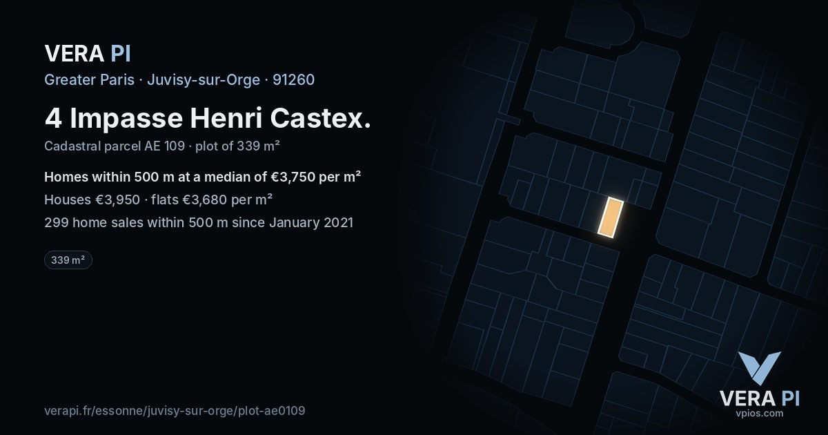 4 Impasse Henri Castex, Juvisy-sur-Orge at night – the plot lit, the parcels around coloured by the prices near them