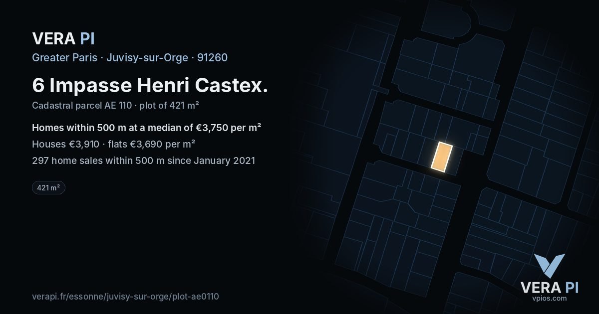 6 Impasse Henri Castex, Juvisy-sur-Orge at night – the plot lit, the parcels around coloured by the prices near them